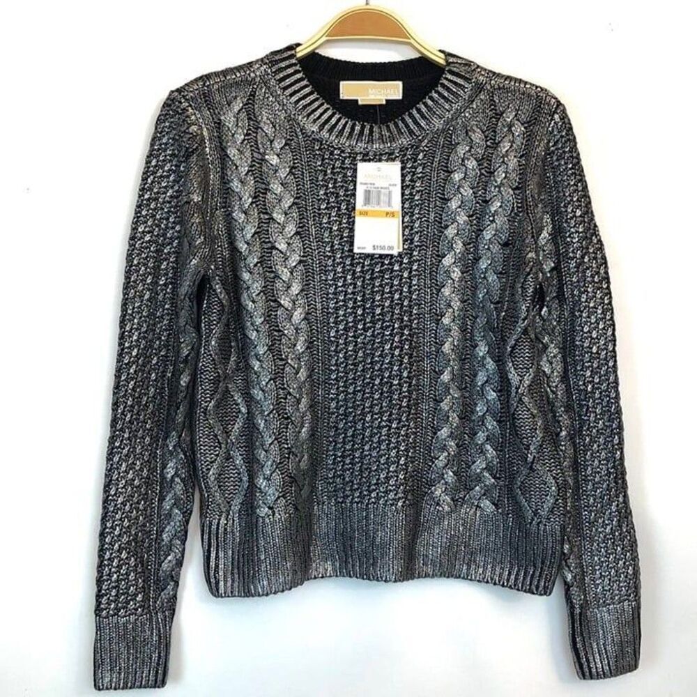 Vintage Michael Kors Sweater Petite S Silver Black Metallic Cable Knit Pullover